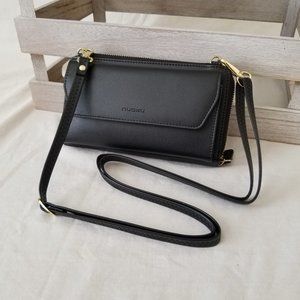 NWT! Black Faux Leather Wallet Cell Purse with Wristlet and Shoulder Straps